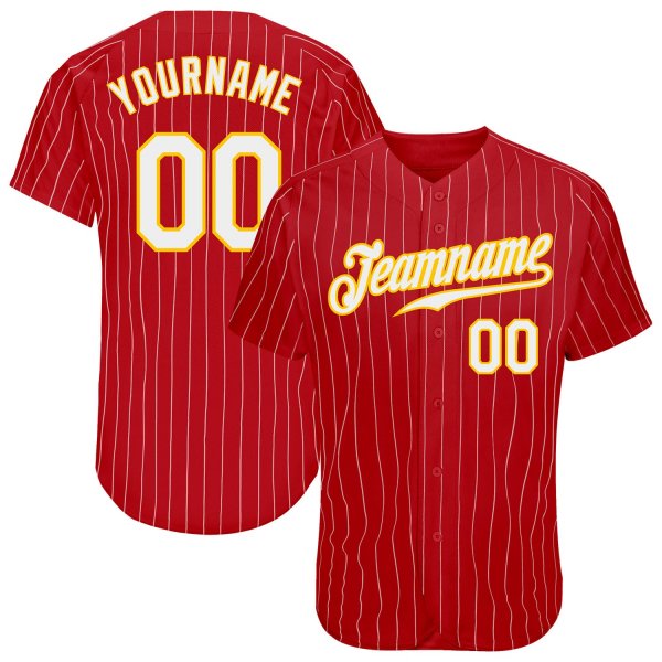 Custom Red Gold Pinstripe White-Gold Authentic Baseball Jersey